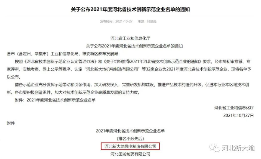 河北新大地榮獲2021年度河北省技術創(chuàng)新示范企業(yè) 